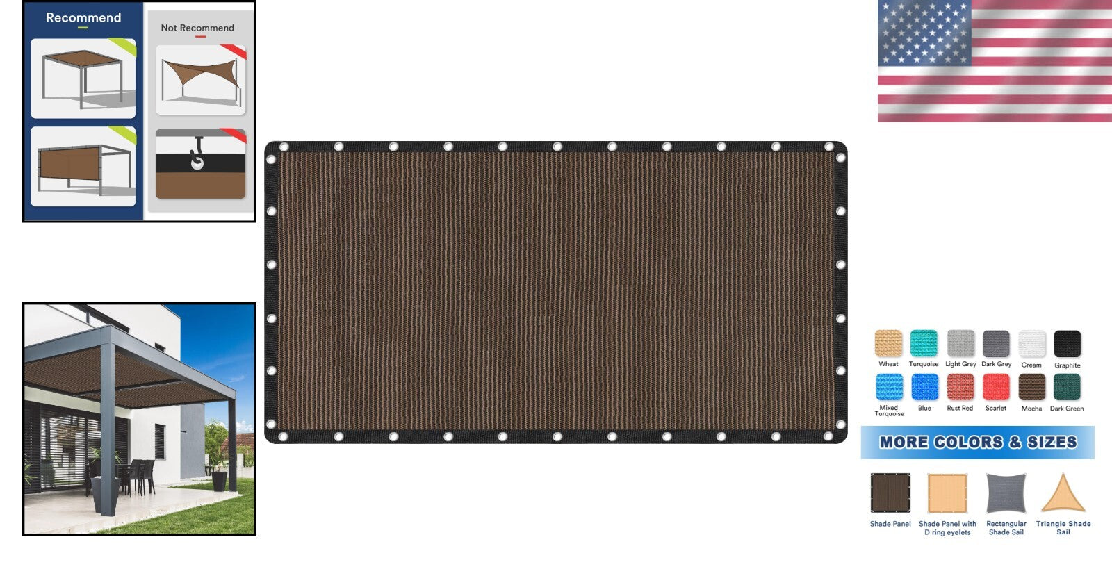 Reinforced Grommet Shade Cloth 10x20 FT - Mocha, Easy Setup & UV Shielding