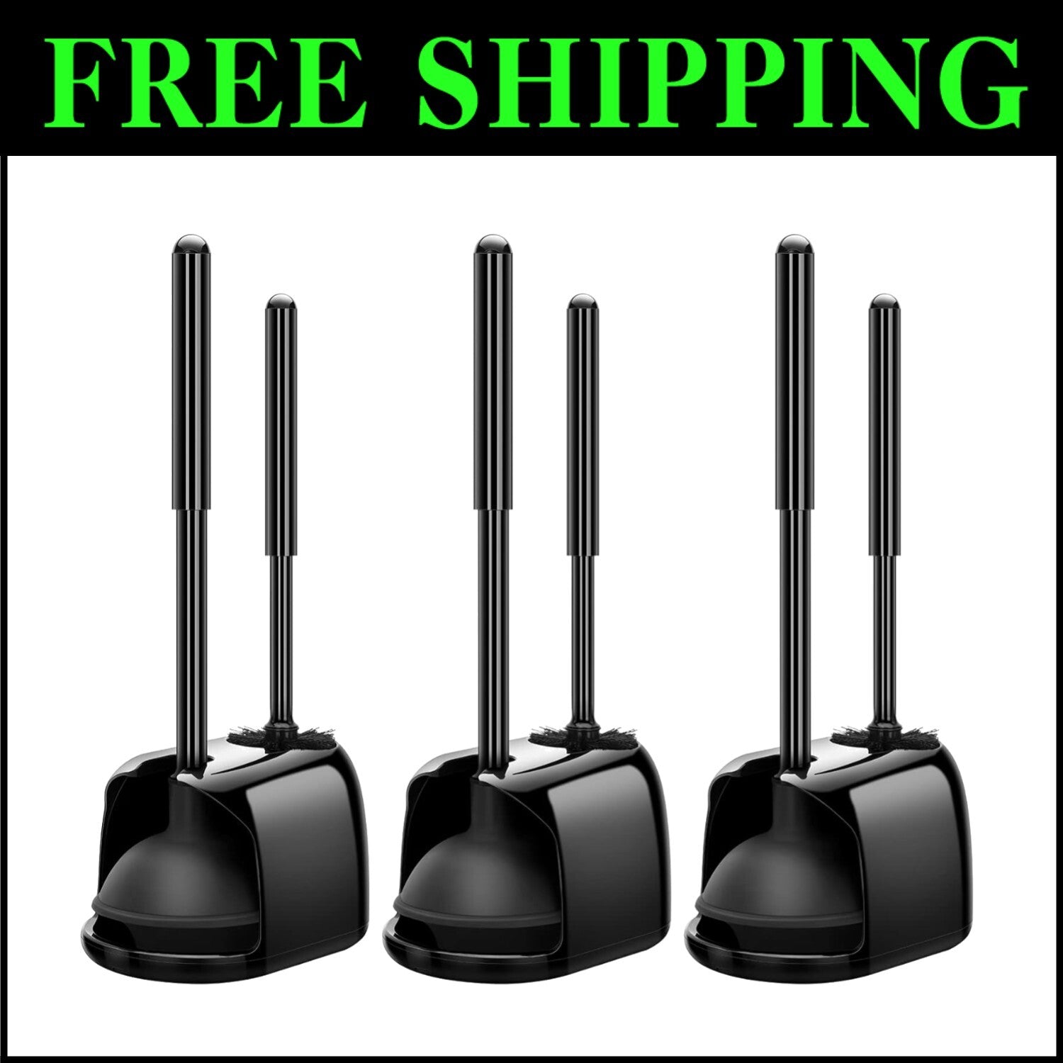 Efficient Toilet Brush & Strong-Suction Plunger Set with Discreet Holder - Black