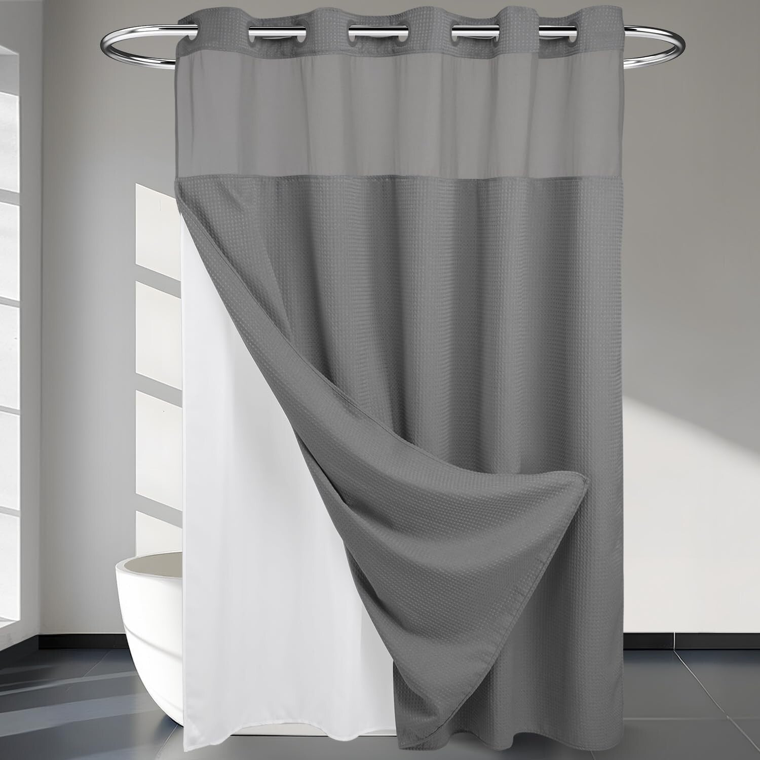Elegant Heavyweight No Hooks Required Shower Curtain with Snap-In Liner - Gray
