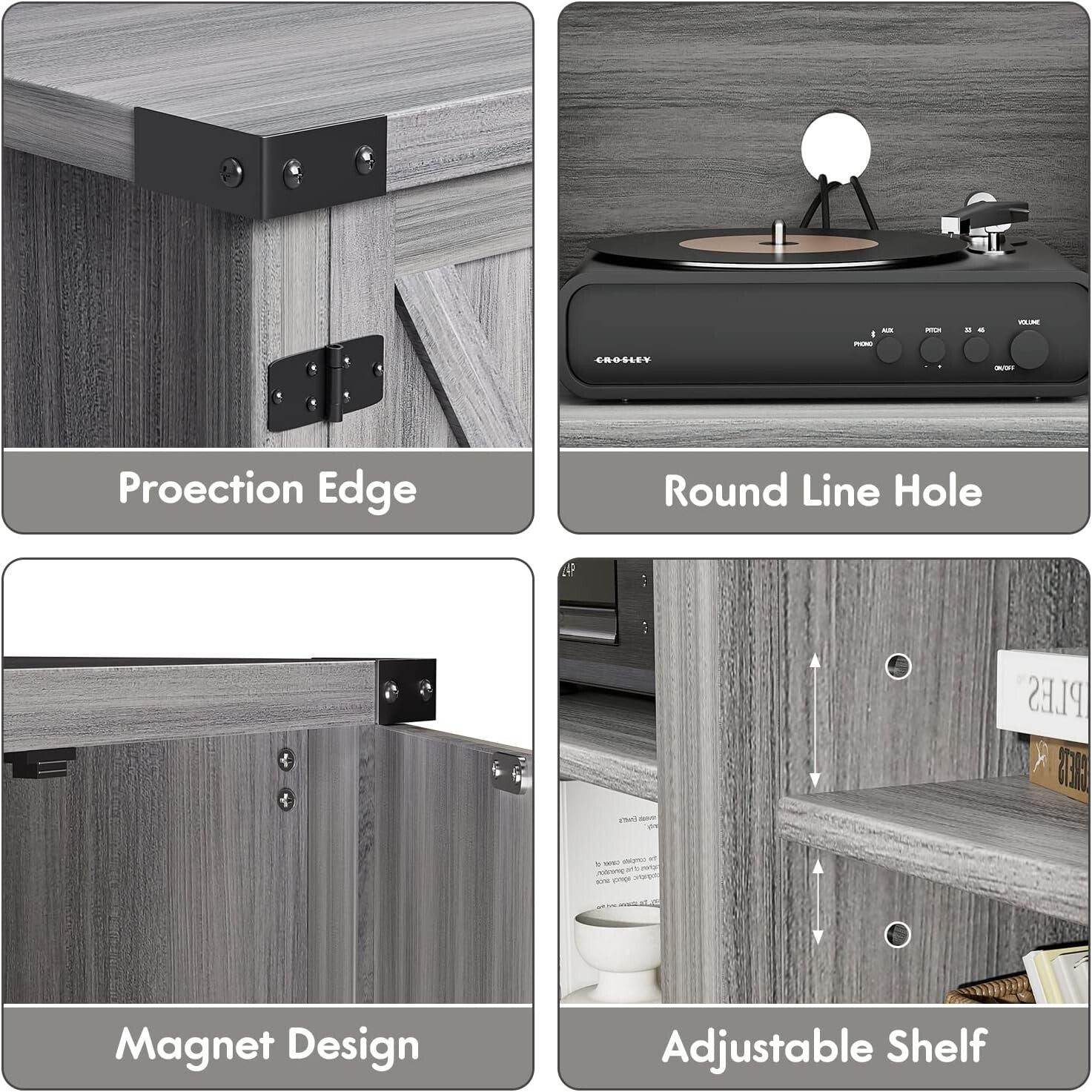 58-Inch Gray Wash Entertainment Center with Adjustable Shelves and Storage