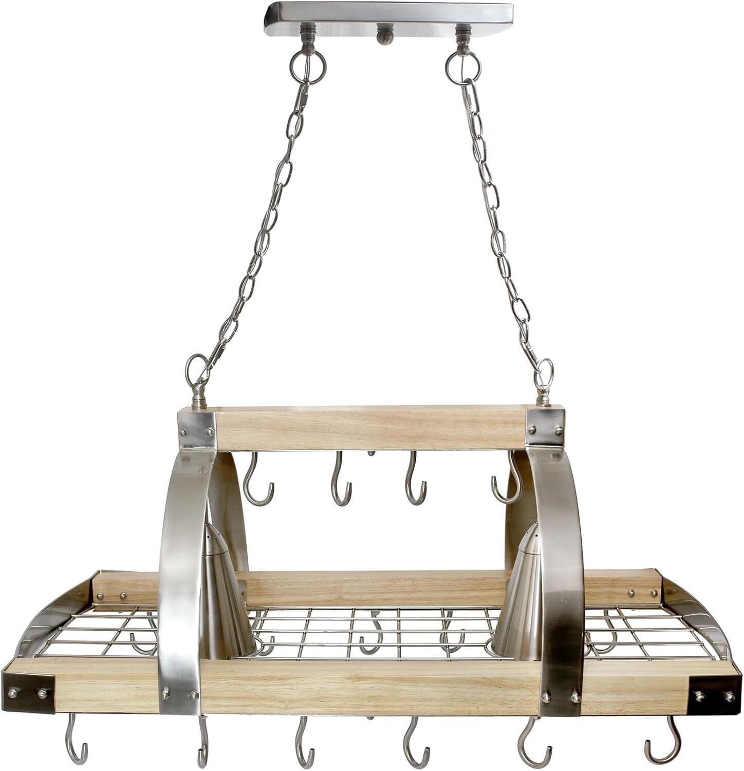 Elegant Ceiling-Mounted Wood Pot Rack with 2 Lights - Perfect Kitchen Organizer
