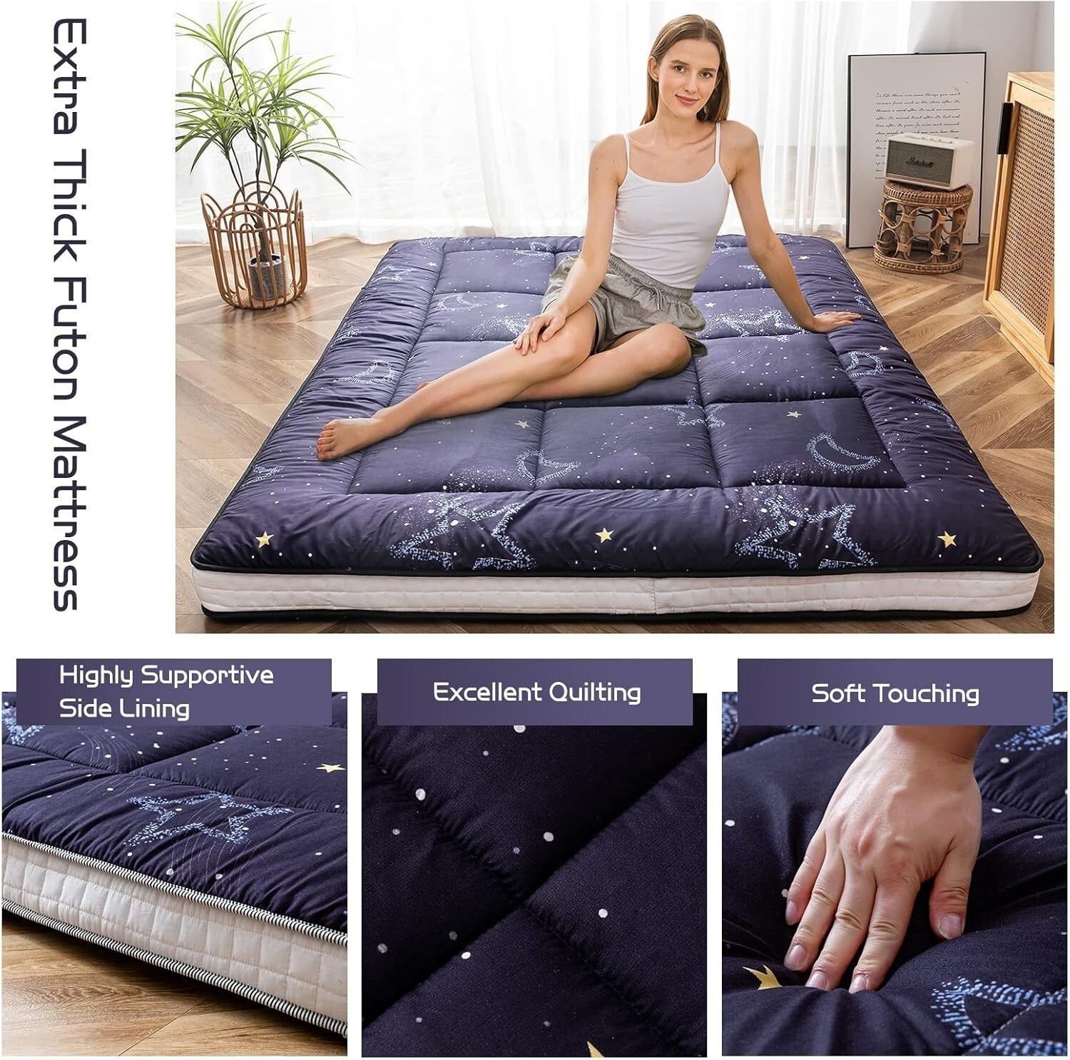 Quilted Twin Floor Mattress in Moon and Star Design - Ideal for Guests & Camping