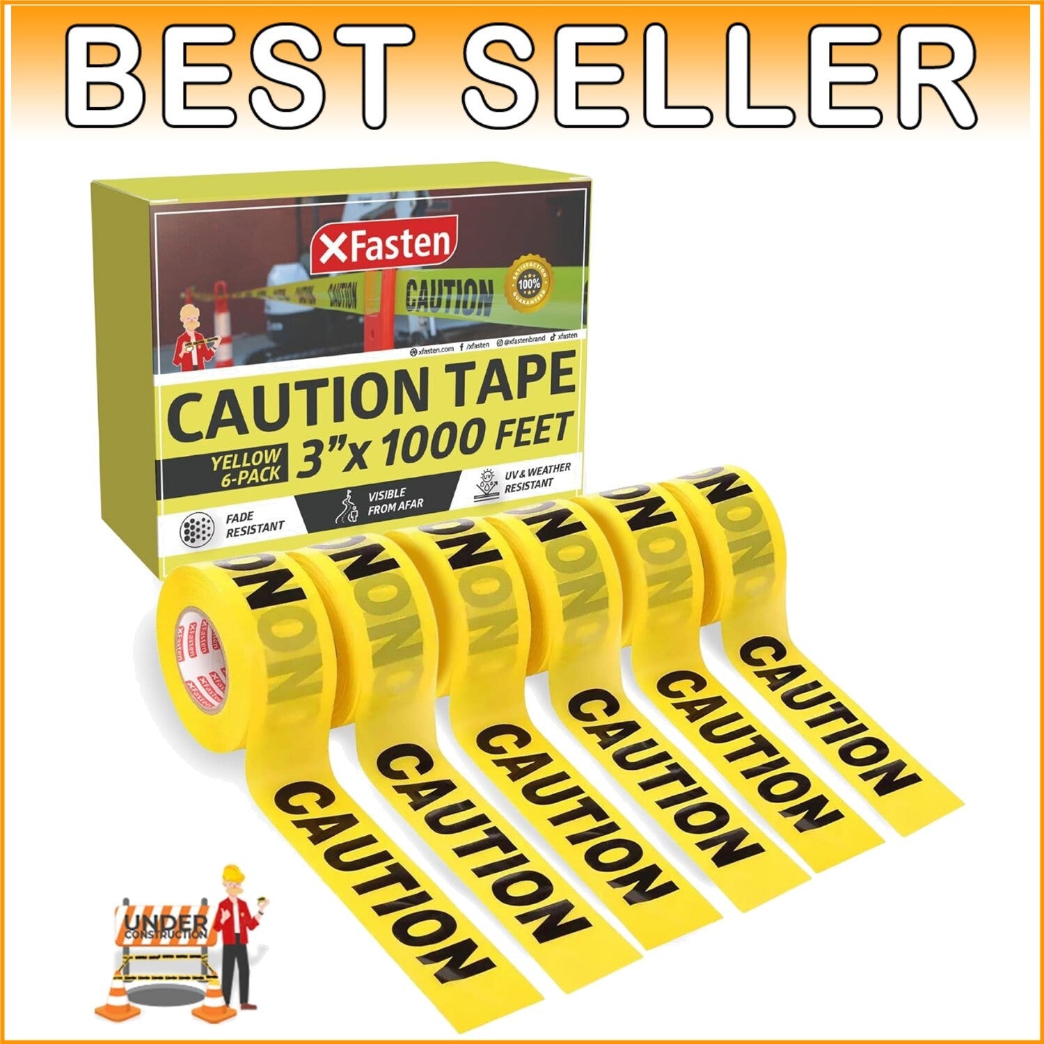 Durable Yellow Caution Tape Roll, 3 in x 1000 ft 6-Pack for Safety and Warnings