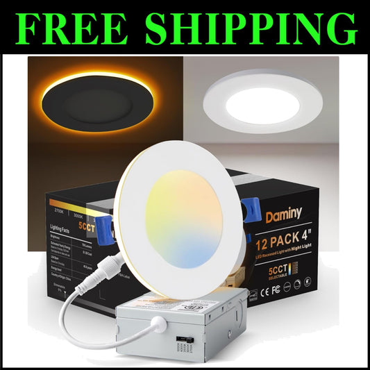 12-Pack 4 Inch Dimmable LED Recessed Lighting - 5 Color Options, ETL Approved
