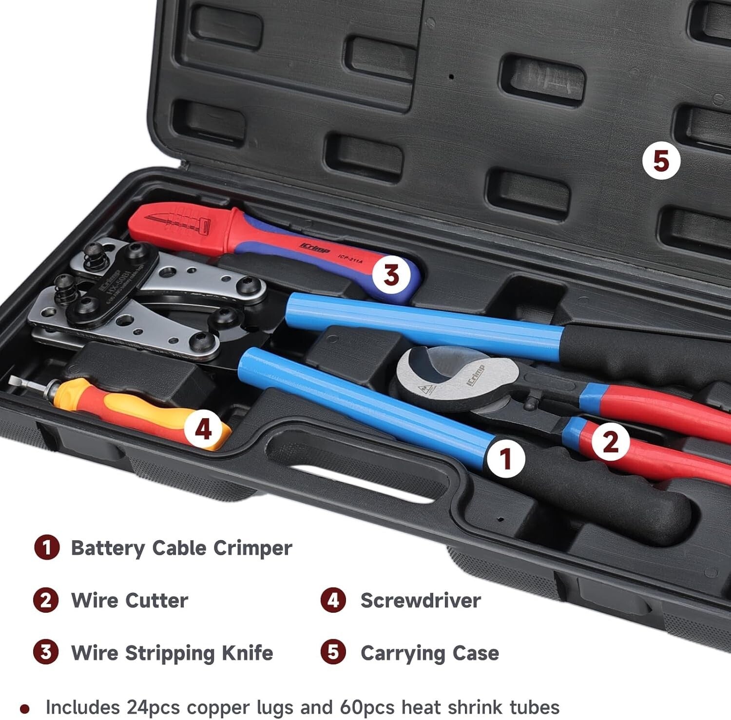 All-in-One Battery Cable Crimper & Stripper with Carrying Case - 34 Piece Set