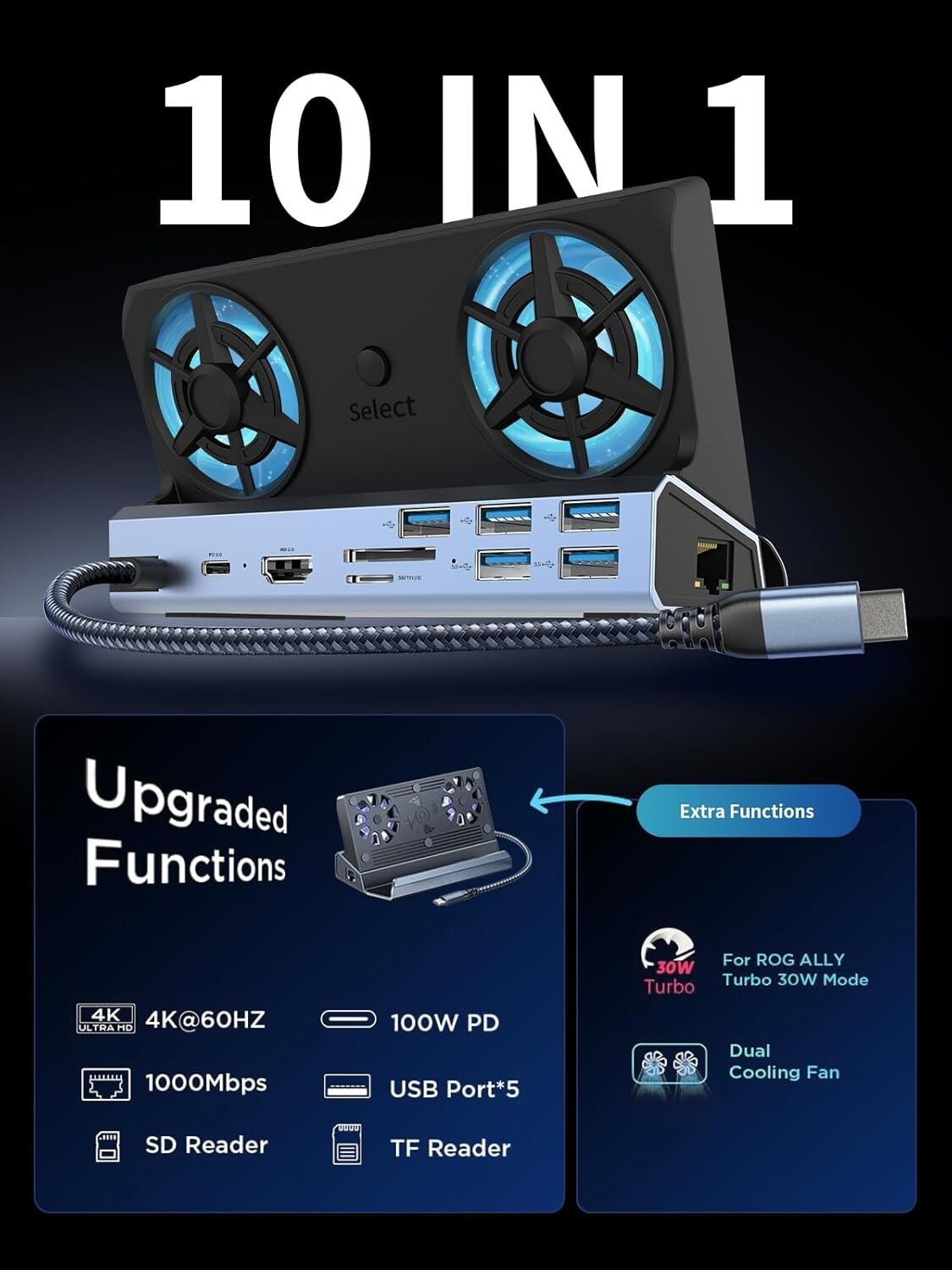 Stylish Silver 10-in-1 Docking Station with Dual Cooling for Steam Deck & More