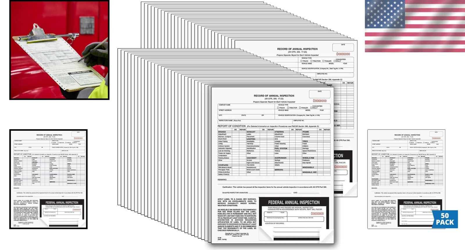 Durable 50-Pack Record of Annual Inspection Forms with Black Decals - USA Made