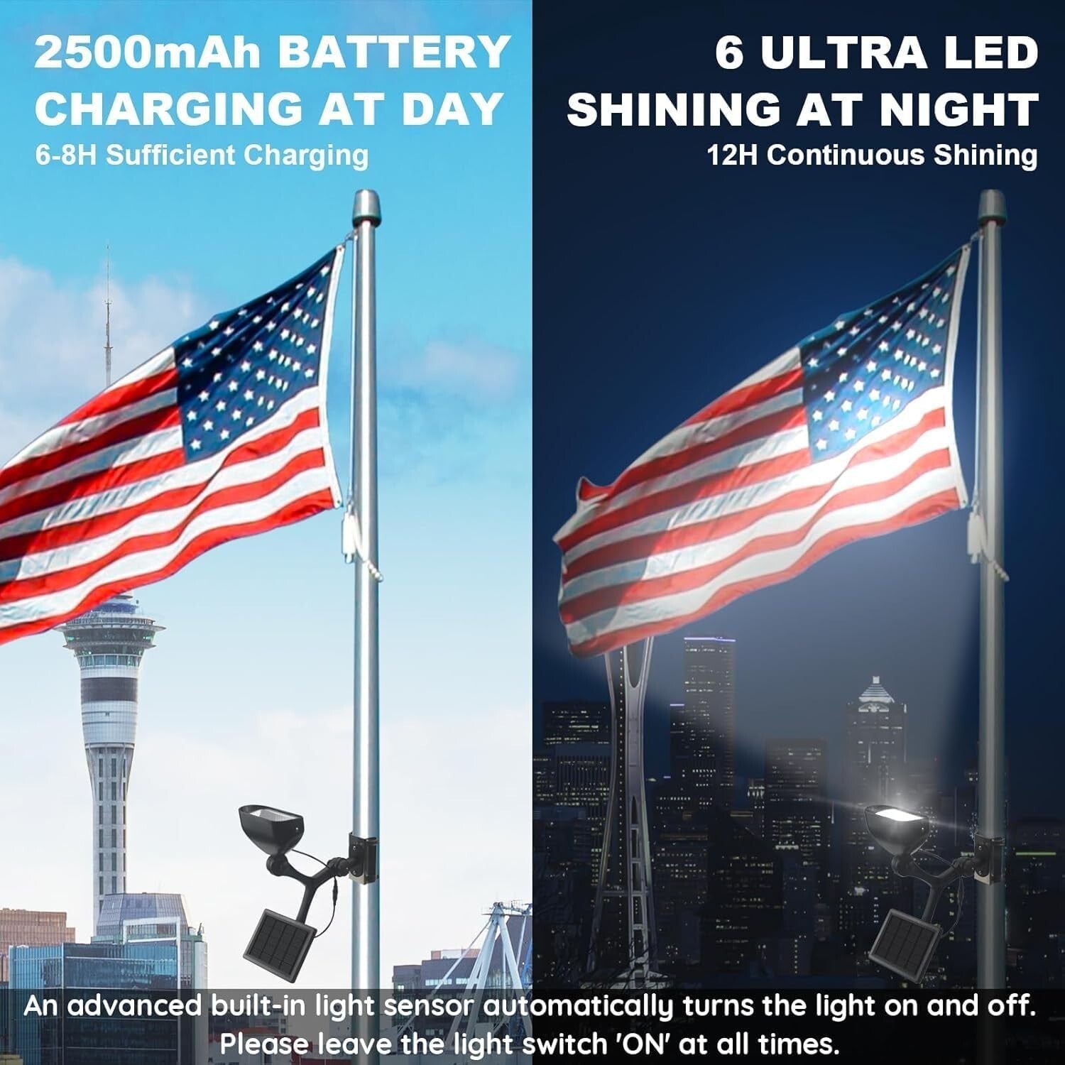 6 Super Bright Solar Flagpole Lights - IP65 Waterproof, Easy Installation