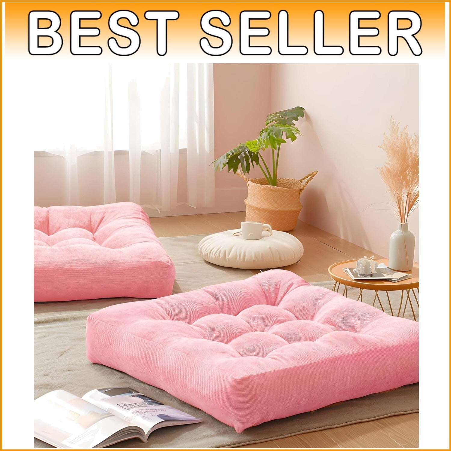 Set of 2 Stylish Pink Corduroy Floor Pillows – Ideal for Relaxation & Meditation