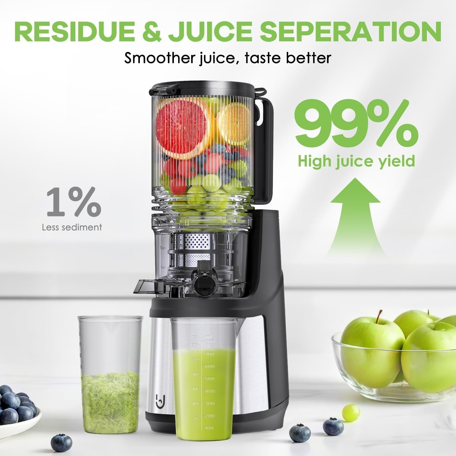 Compact Masticating Juicer - 5.8" Feeding Chute, High Juice Yield & Quiet Motor