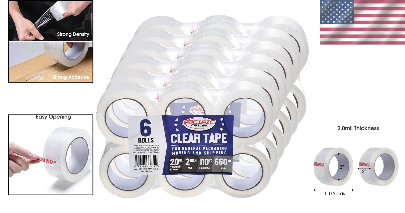 Durable Extra Sticky Clear Packing Tape, 2" Wide, 36 Rolls of 110 Yards, 2.0 mil