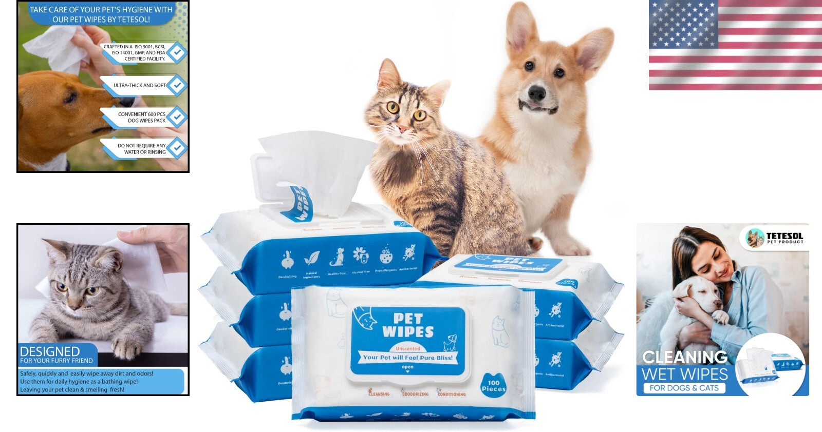 Natural Moist Dog Wipes with Vitamin E - 600 Unscented Grooming Wipes for Pets