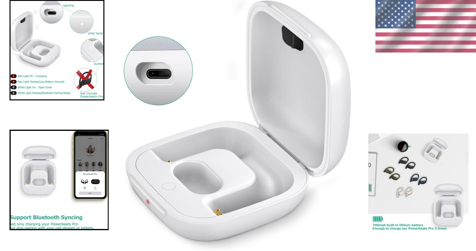 700mAh Bluetooth Charging Case for Powerbeats Pro - Secure Replacement in White