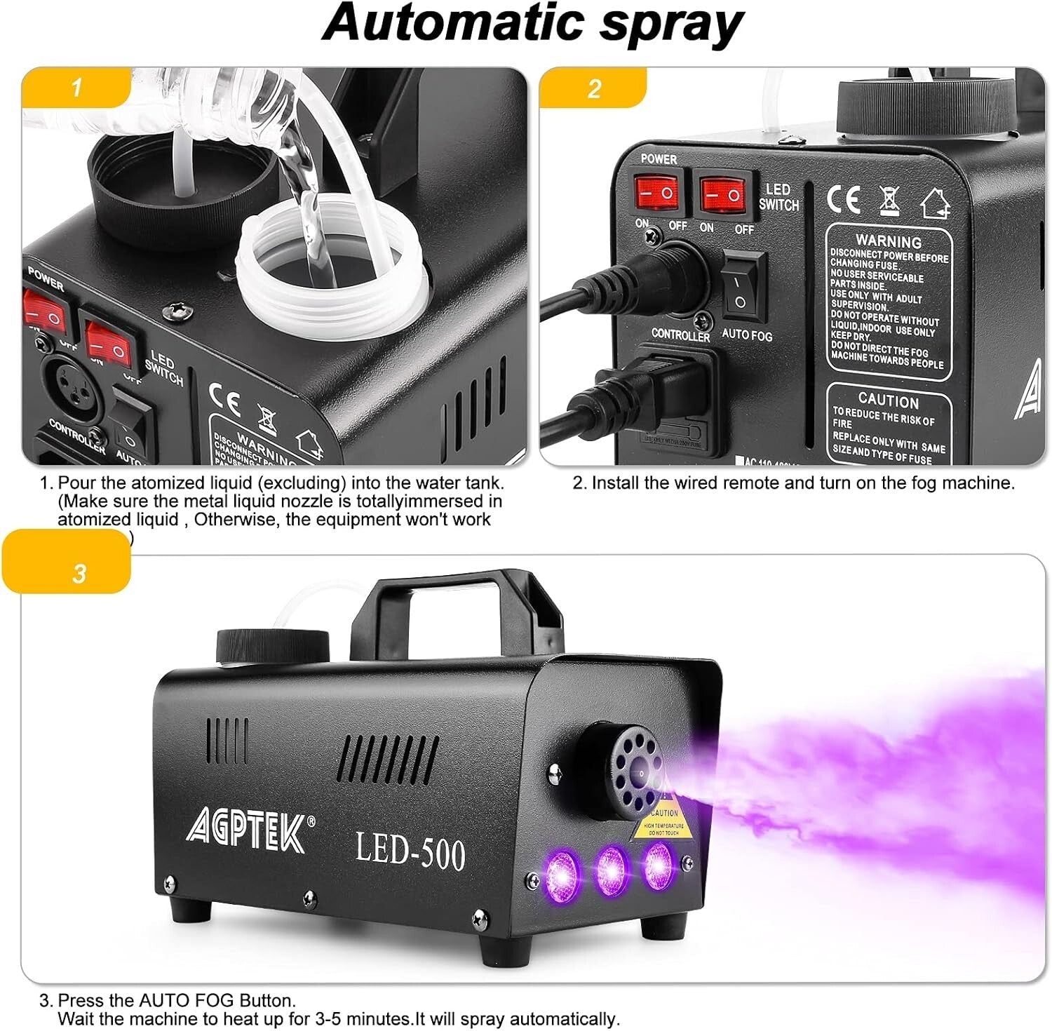 Automatic Spray Smoke Machine with Colorful LED Effects and Remote Control
