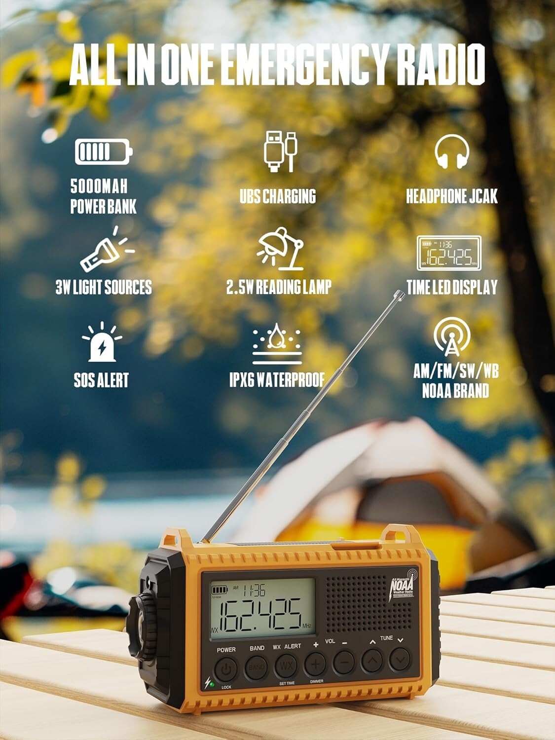 Weather Alert Radio with 18500mWh Battery, SOS Alarm & Dual Lighting Functions