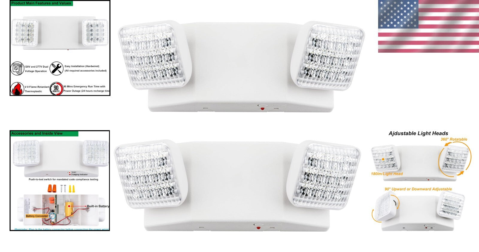 2-Pack LED Emergency Lighting Fixtures with Battery Backup - UL 924 Certified