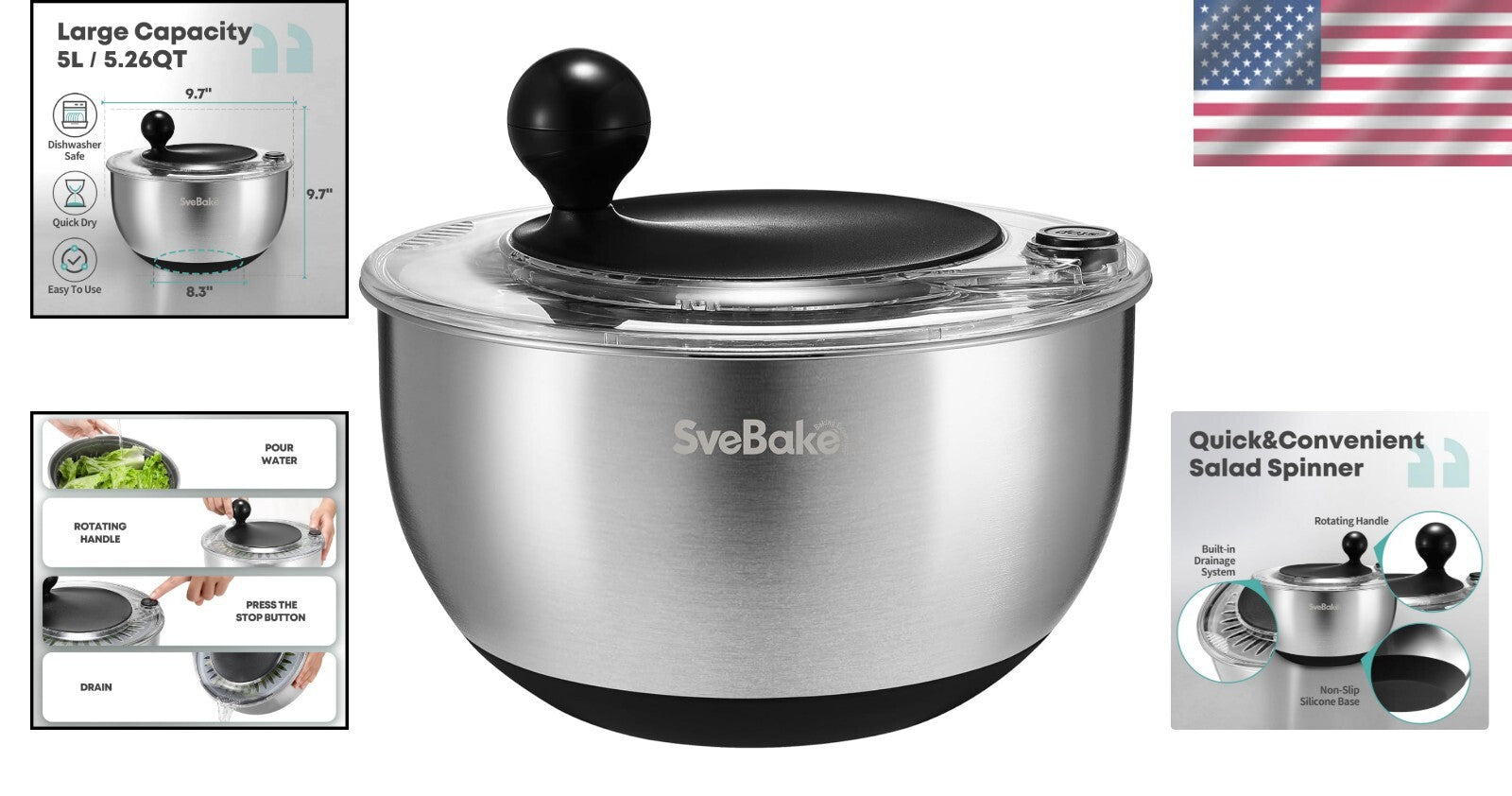 Family-Sized 5.3Qt Salad Spinner: Stainless Steel, Dishwasher Safe & Easy to Use