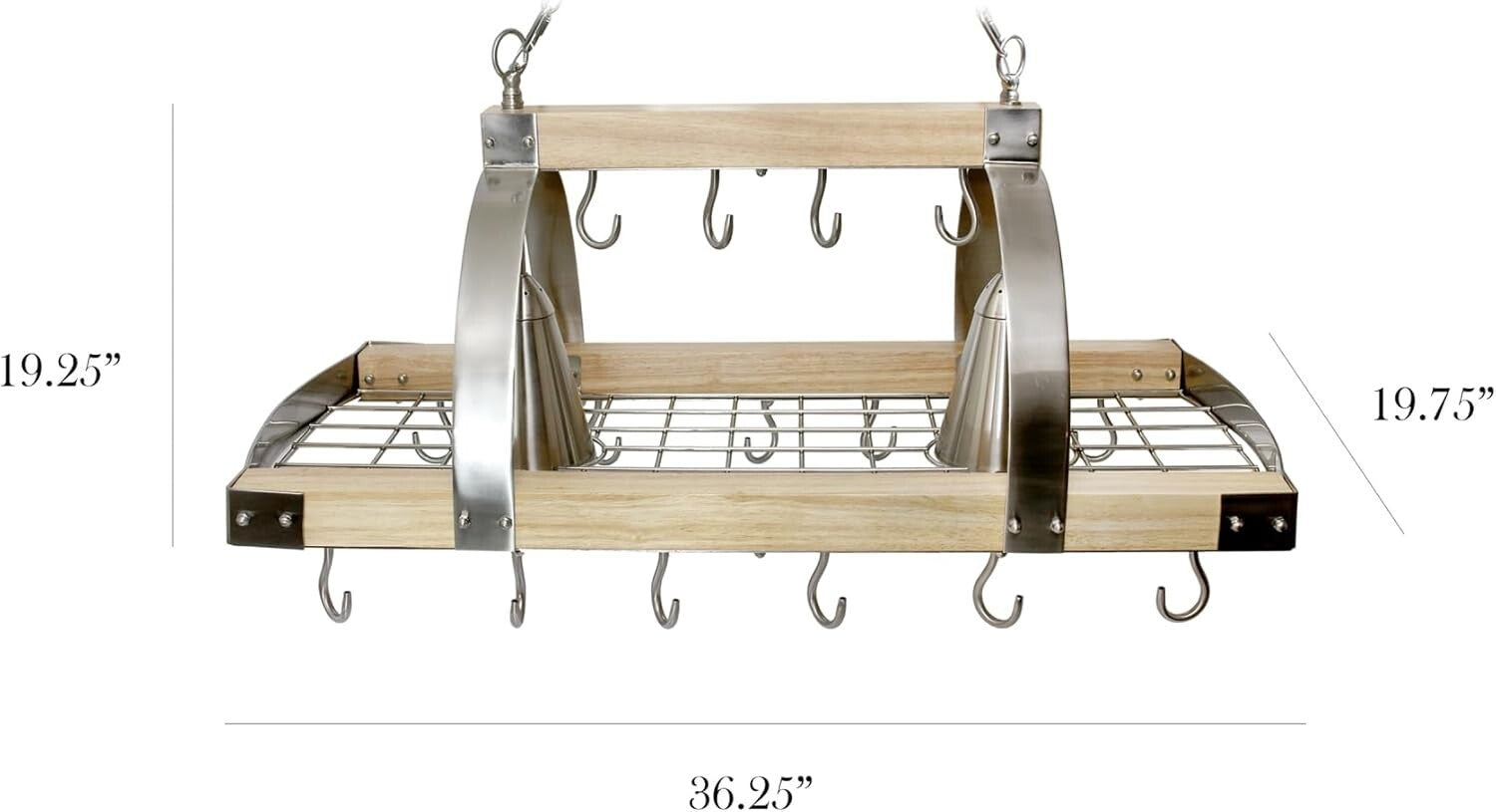 Elegant Ceiling-Mounted Wood Pot Rack with 2 Lights - Perfect Kitchen Organizer