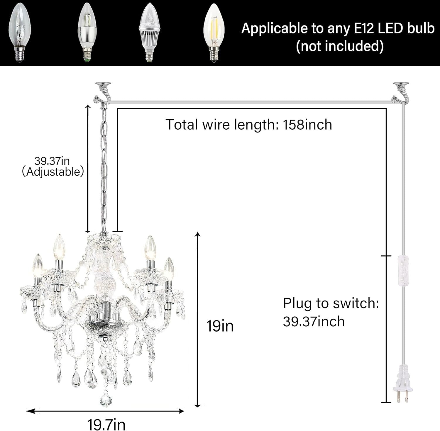 Elegant Acrylic Crystal Chandelier - Plug-In 5 Light Pendant with Clear Cord