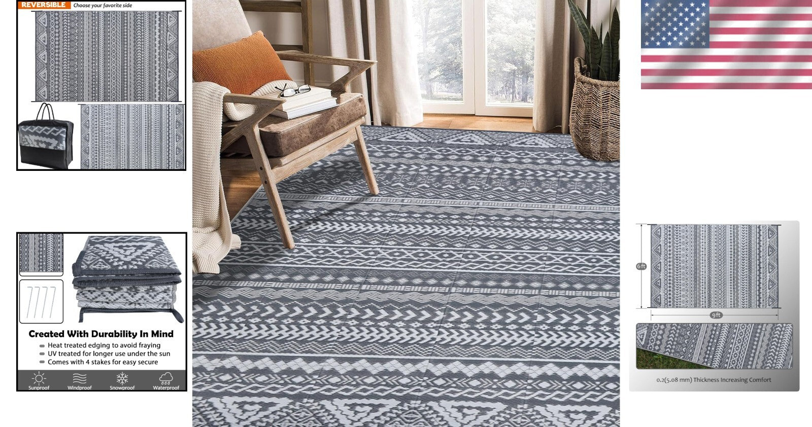 Durable UV Stabilized Reversible Mat 6' x 9' for Backyard and Beach Adventures