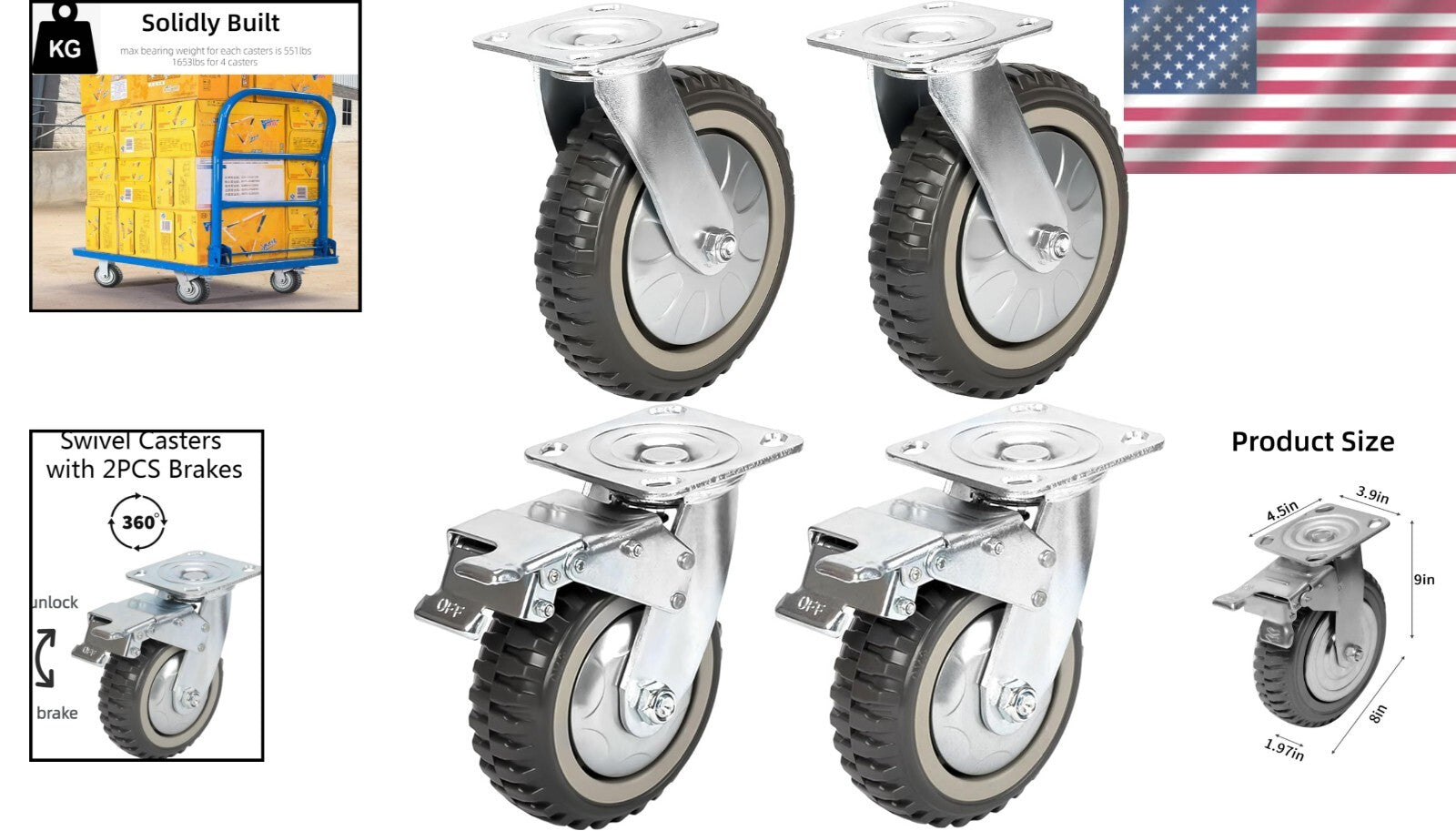 Durable 8 Inch Swivel Casters with 360° Ball Bearing - Locking & Non-Locking Set