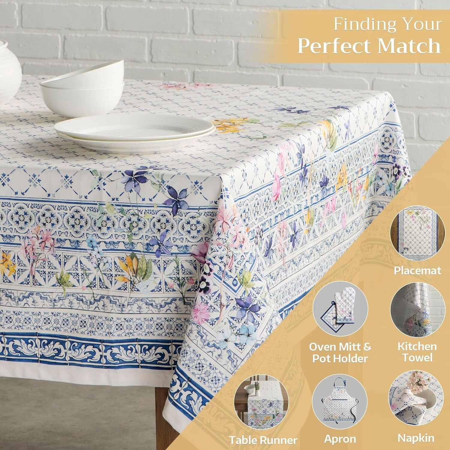 Faience Pattern 100% Cotton Tablecloth 60" x 120" - Perfect for Dining & Parties