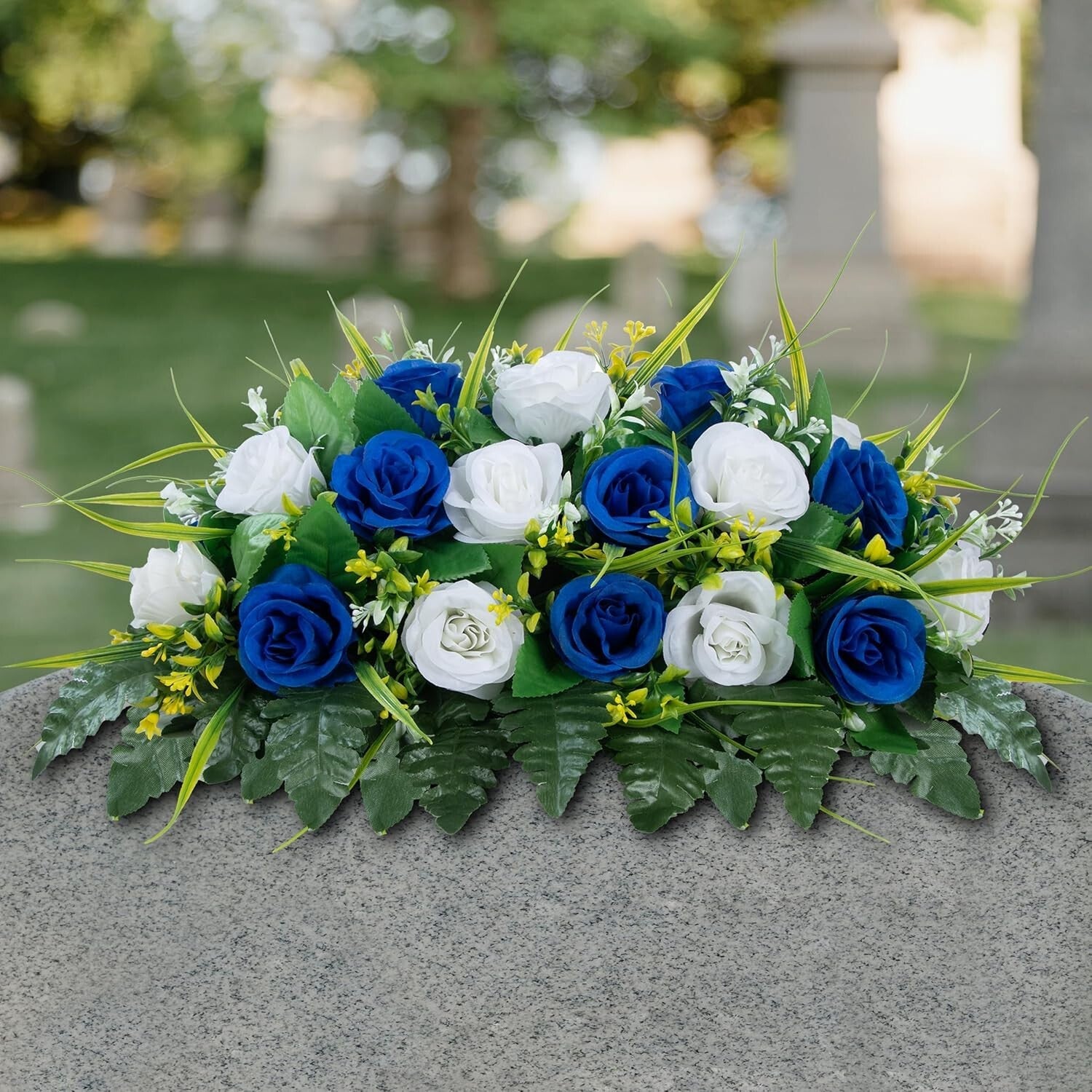 Memorial Flower Saddle for Headstones - Dark Blue & White Silk Roses Decoration