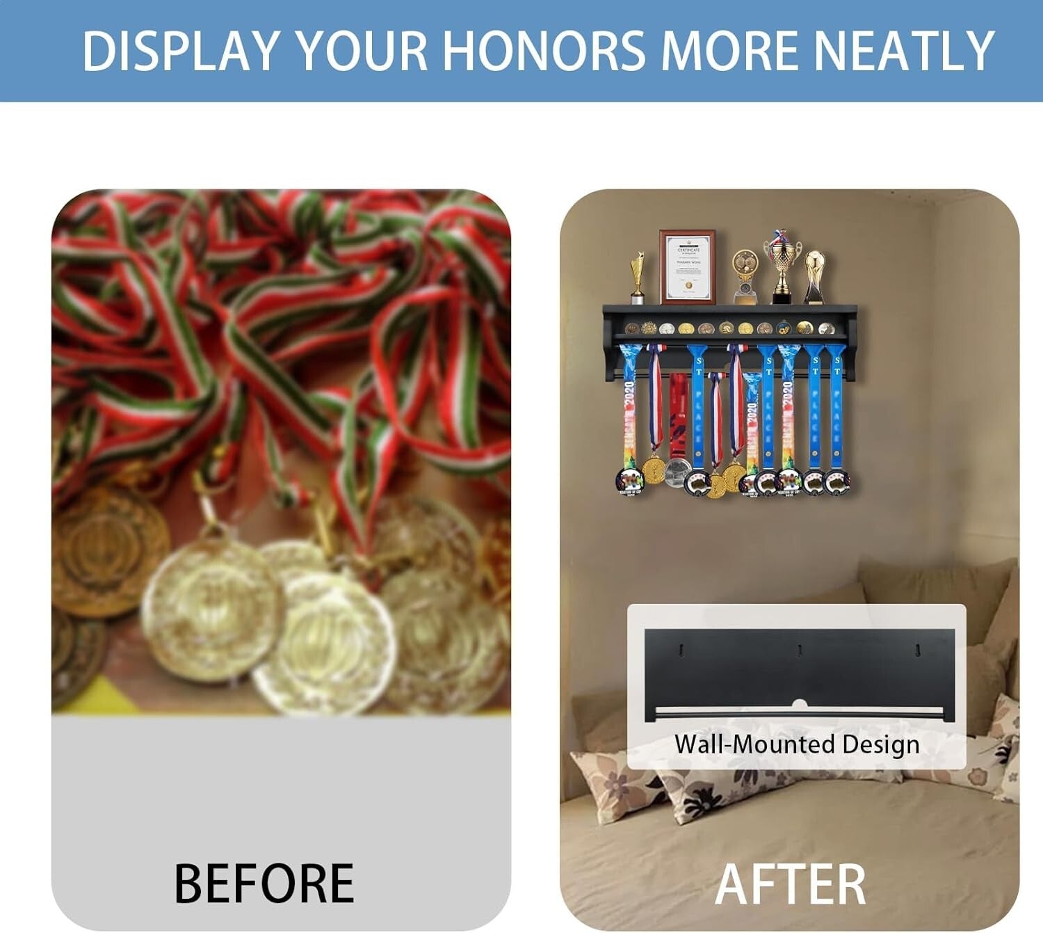 Elegant Solid Wood Wall Mount Medal Display Rack - Showcase Your Achievements