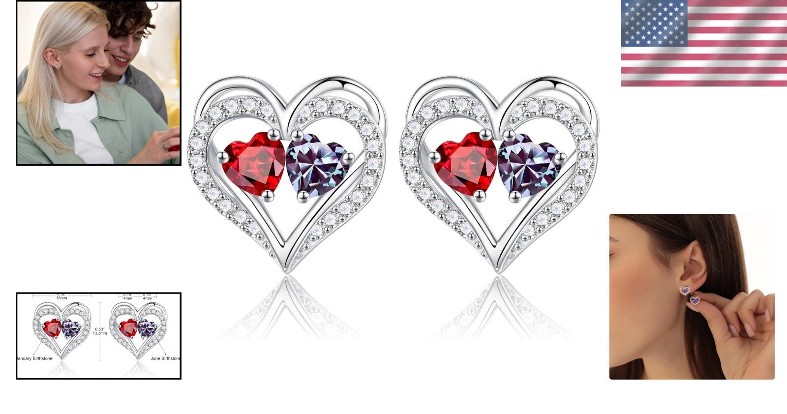 925 Sterling Silver Double Birthstone Heart Earrings - Meaningful Gift for Her