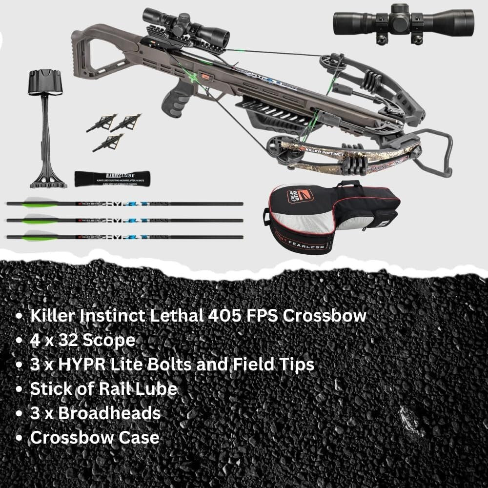 Lethal 405 FPS Crossbow Bundle with Case & 100-Grain Broadheads - Ambidextrous