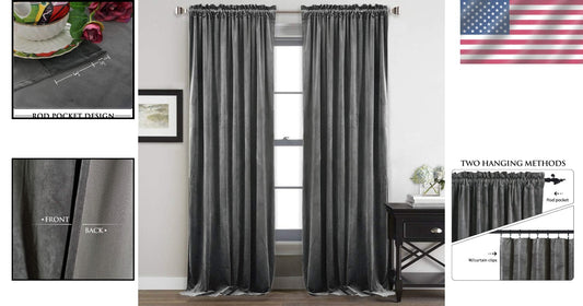Elegant Grey Velvet Blackout Curtains 84" Long - Set of 2 Room Darkening Drapes