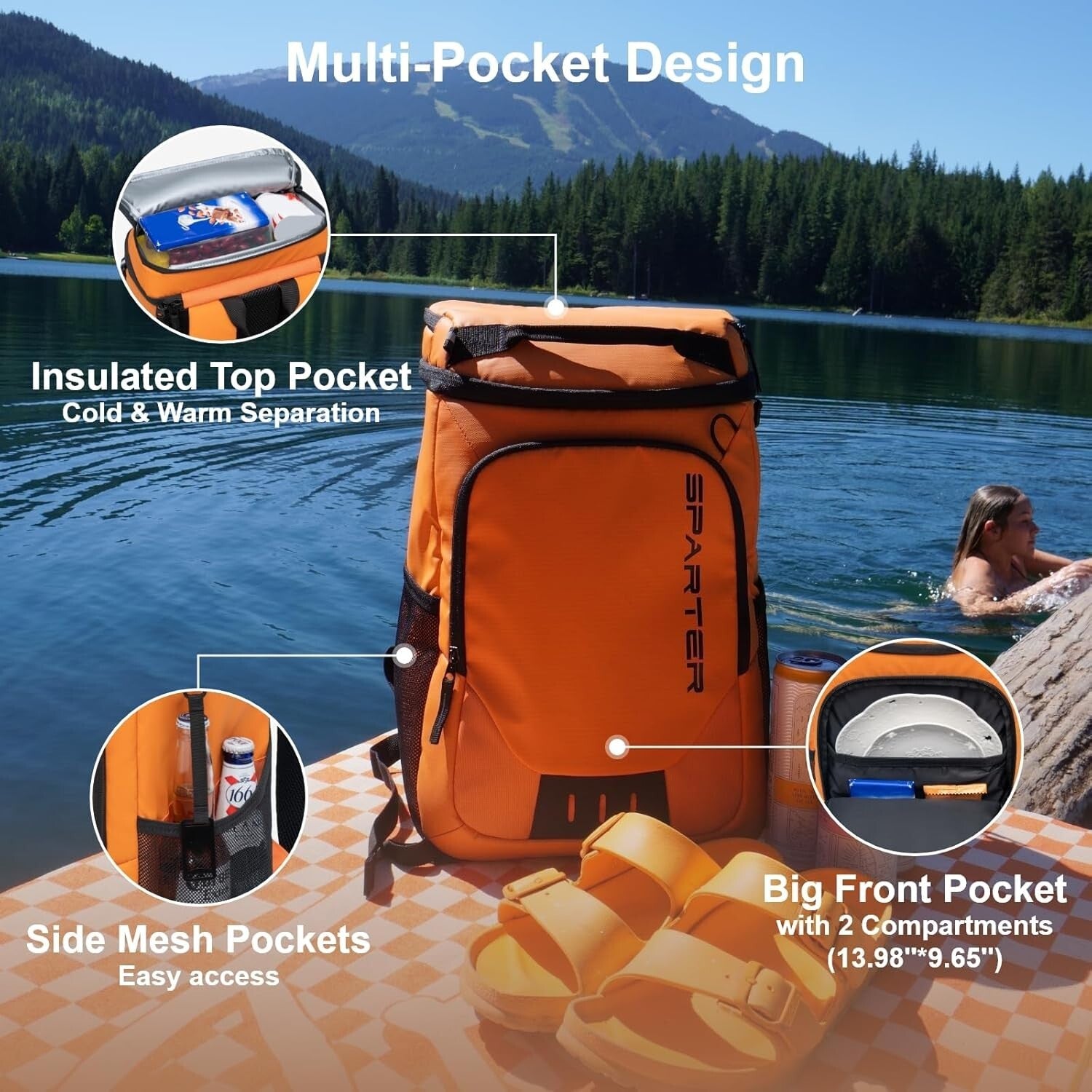 Waterproof Lightweight Cooler Backpack - 30 Can Insulated Bag with Bottle Opener