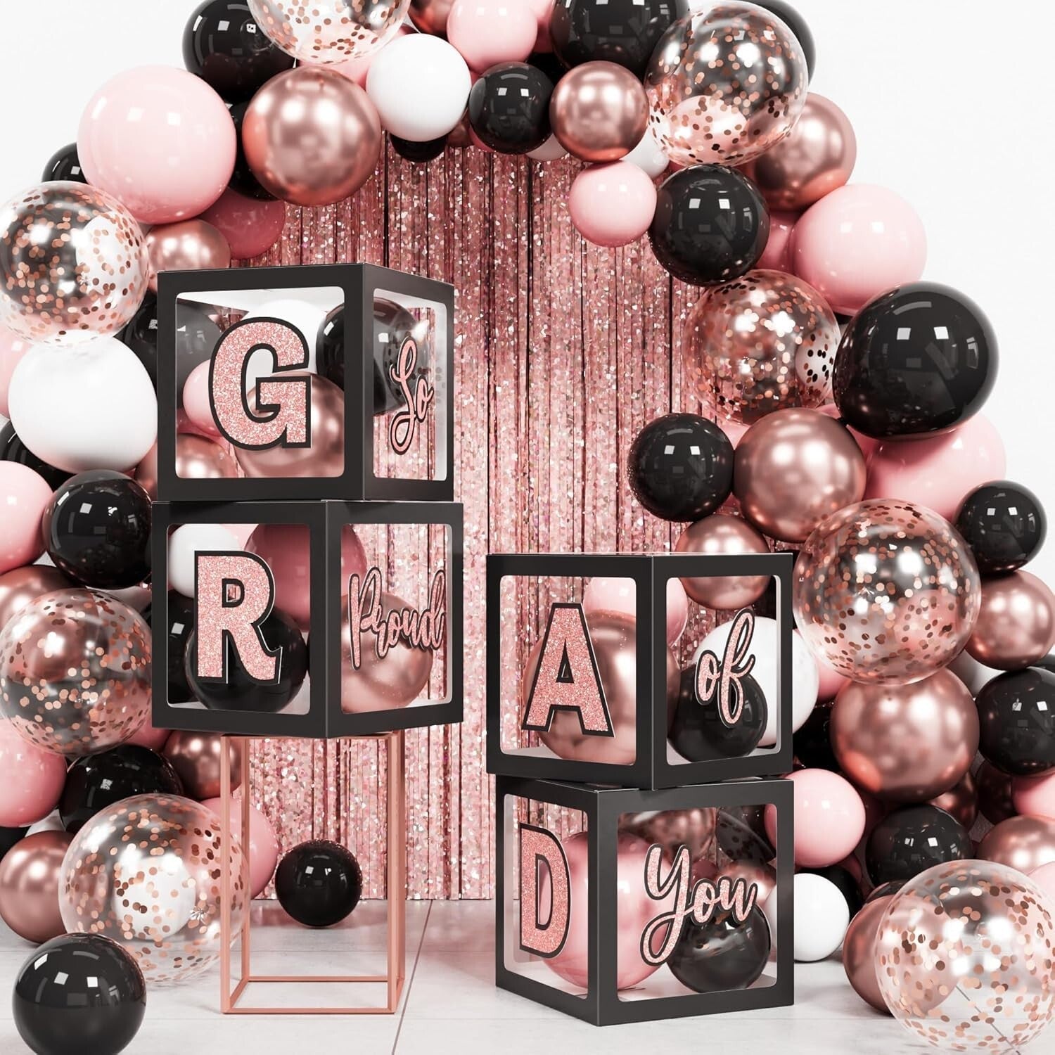 Class of 2025 Black Pink Graduation Decor Set - 86Pcs with LED Lights & Balloons
