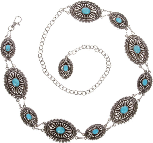 Unique Women's Oval Turquoise Stone Concho Belt - Adjustable and Fashion-Forward