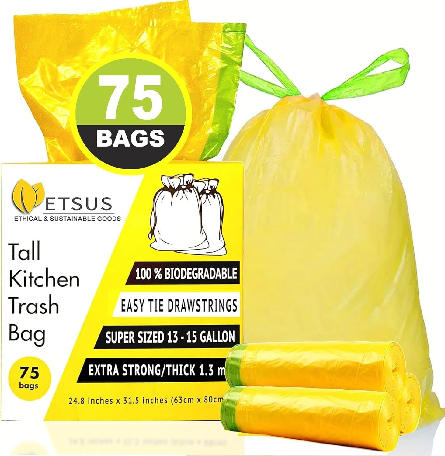 Durable 13 Gallon Plant-Based Drawstring Trash Bags - 75 Count Eco-Friendly Pack