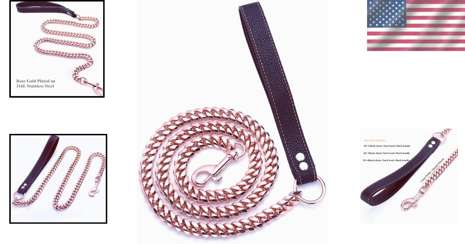 Rose Gold Chew Proof Dog Leash - Stylish 14MM Cuban Link - 3FT/4FT/5FT Options