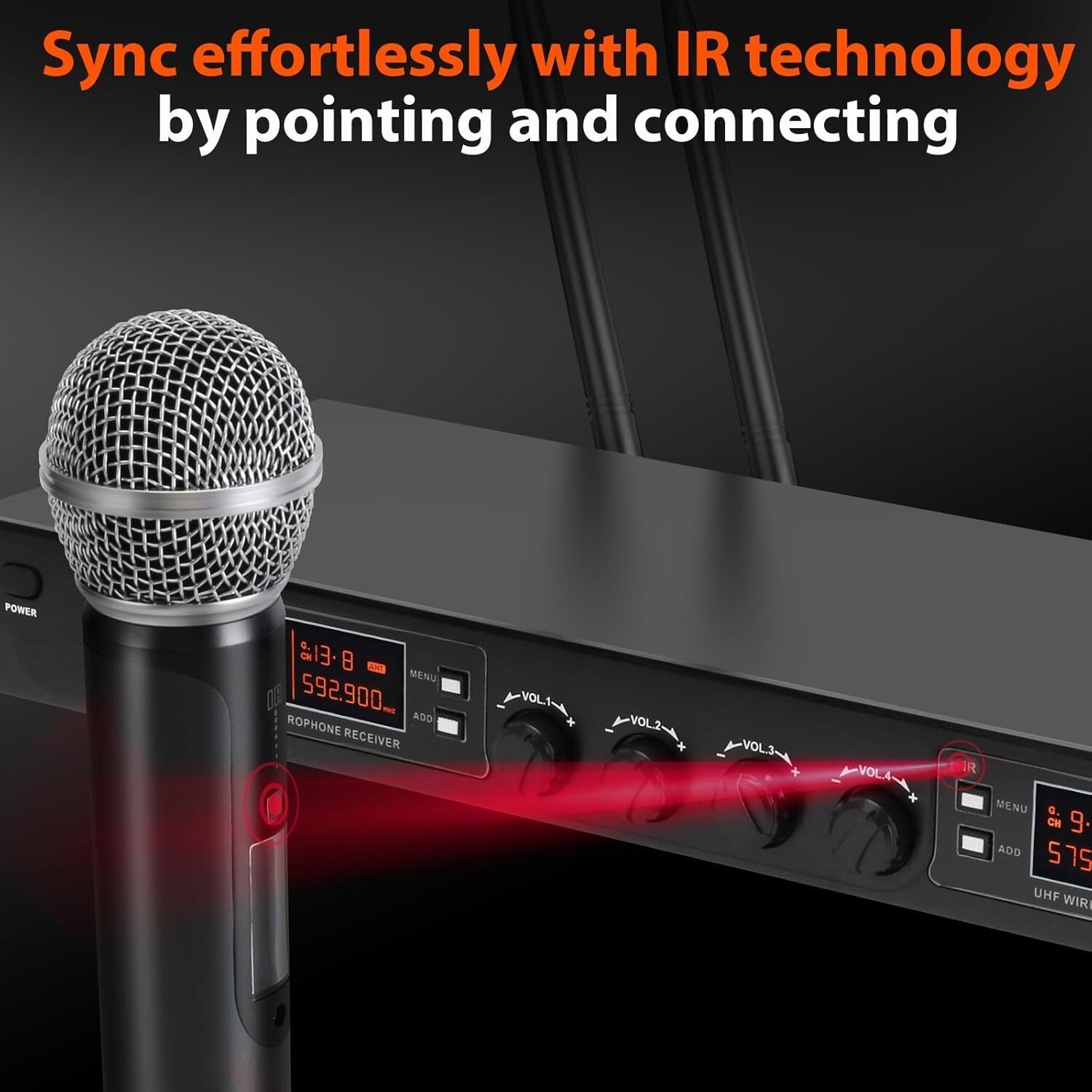 Quad Handheld Dynamic Microphone Set with 200-300 Ft Range & Long Battery Life