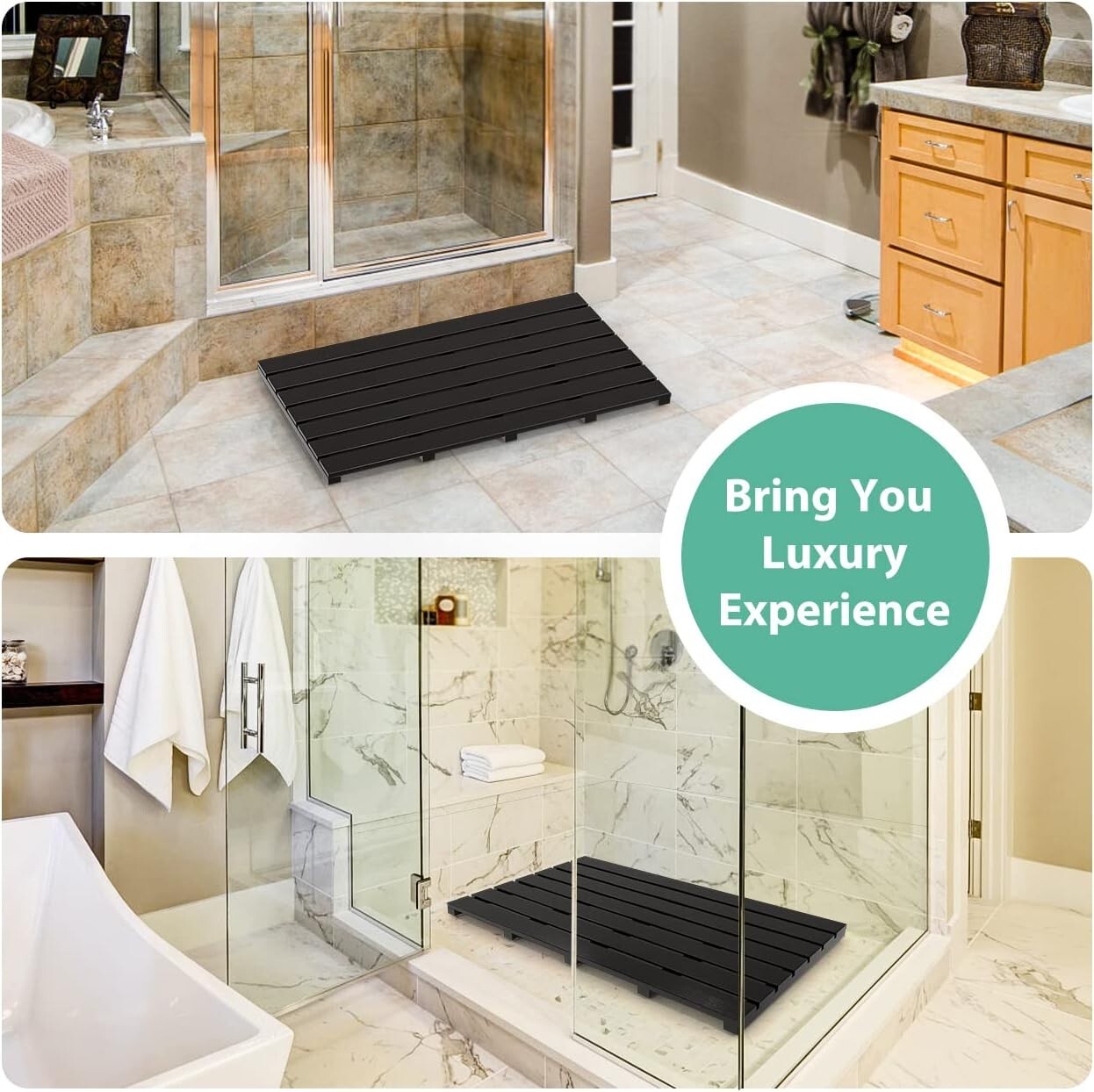 Elegant Black Bamboo Bath Floor Mat - Non-Slip and Waterproof, 31.3"L x 18.1"W