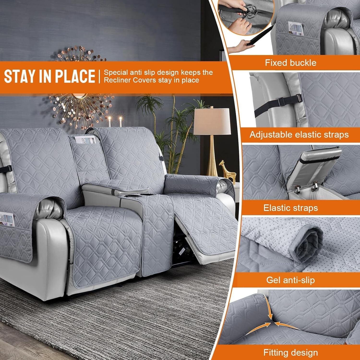 Slip-Resistant Two-Seater Recliner Cover with Console & Side Pockets - Easy Care