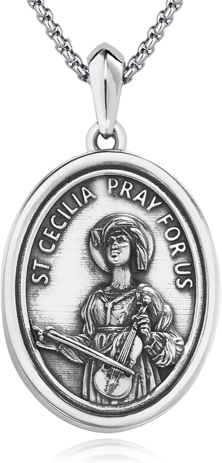 Durable 925 Silver Catholic Saint Medal Necklace - Perfect Gift for Music Lovers