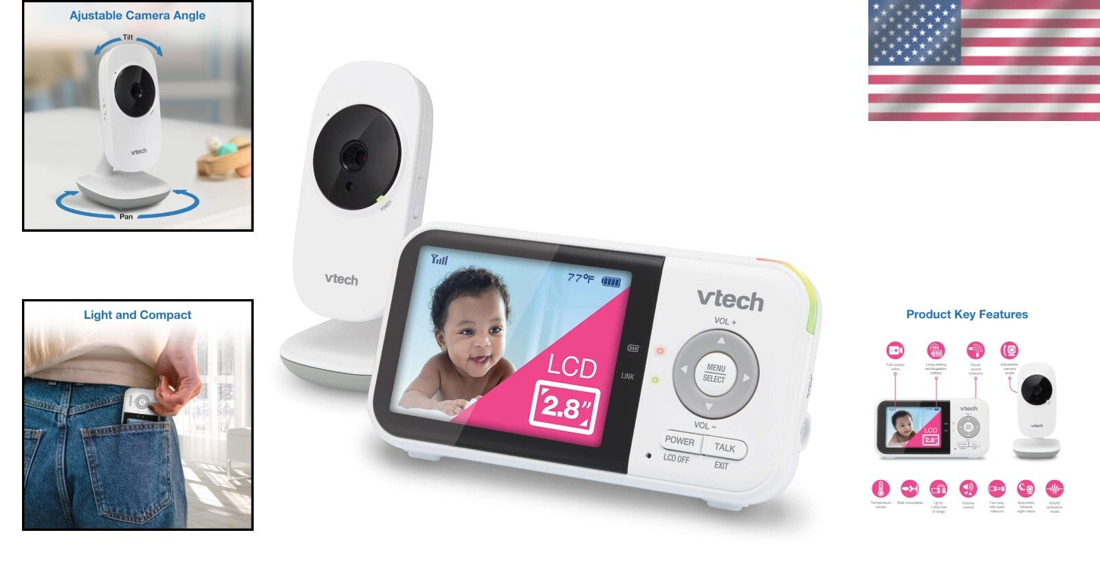 Portable Baby Monitor: 2.8” LCD, Lullabies & Temperature Sensor, No Wi-Fi Needed