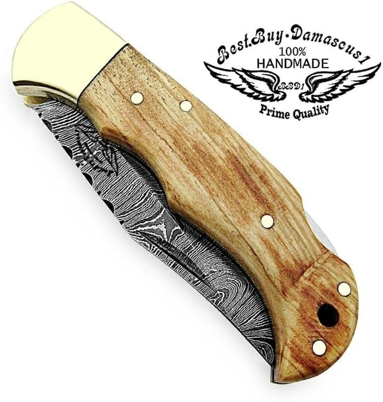 Handcrafted Damascus Steel Folding Knife with Leather Sheath - A Collector's Gem