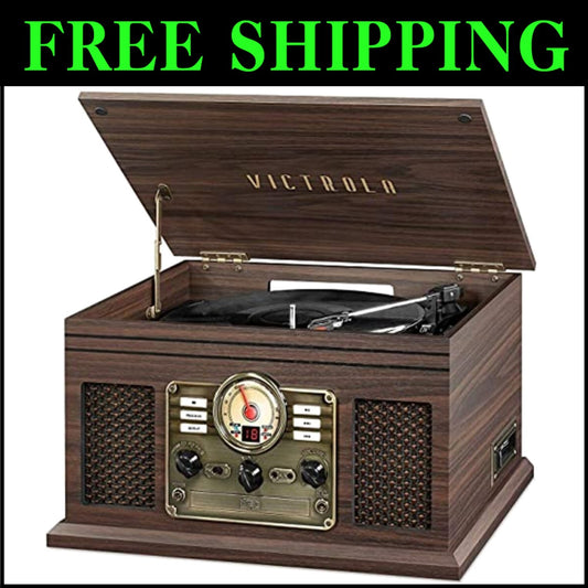 3-Speed Bluetooth Record Player & Vintage Multimedia Center with Stereo Speakers