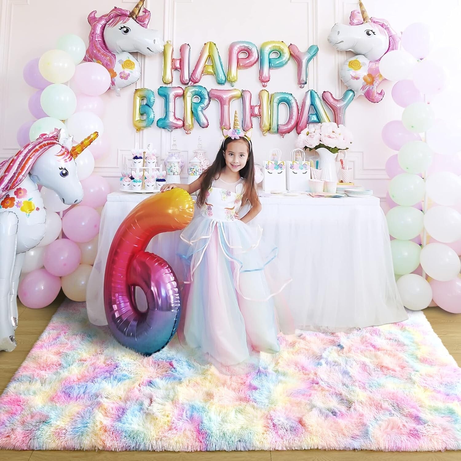 Vibrant 6x9 Fluffy Rainbow Rug for Kids' Playroom & Girls' Bedroom Decor