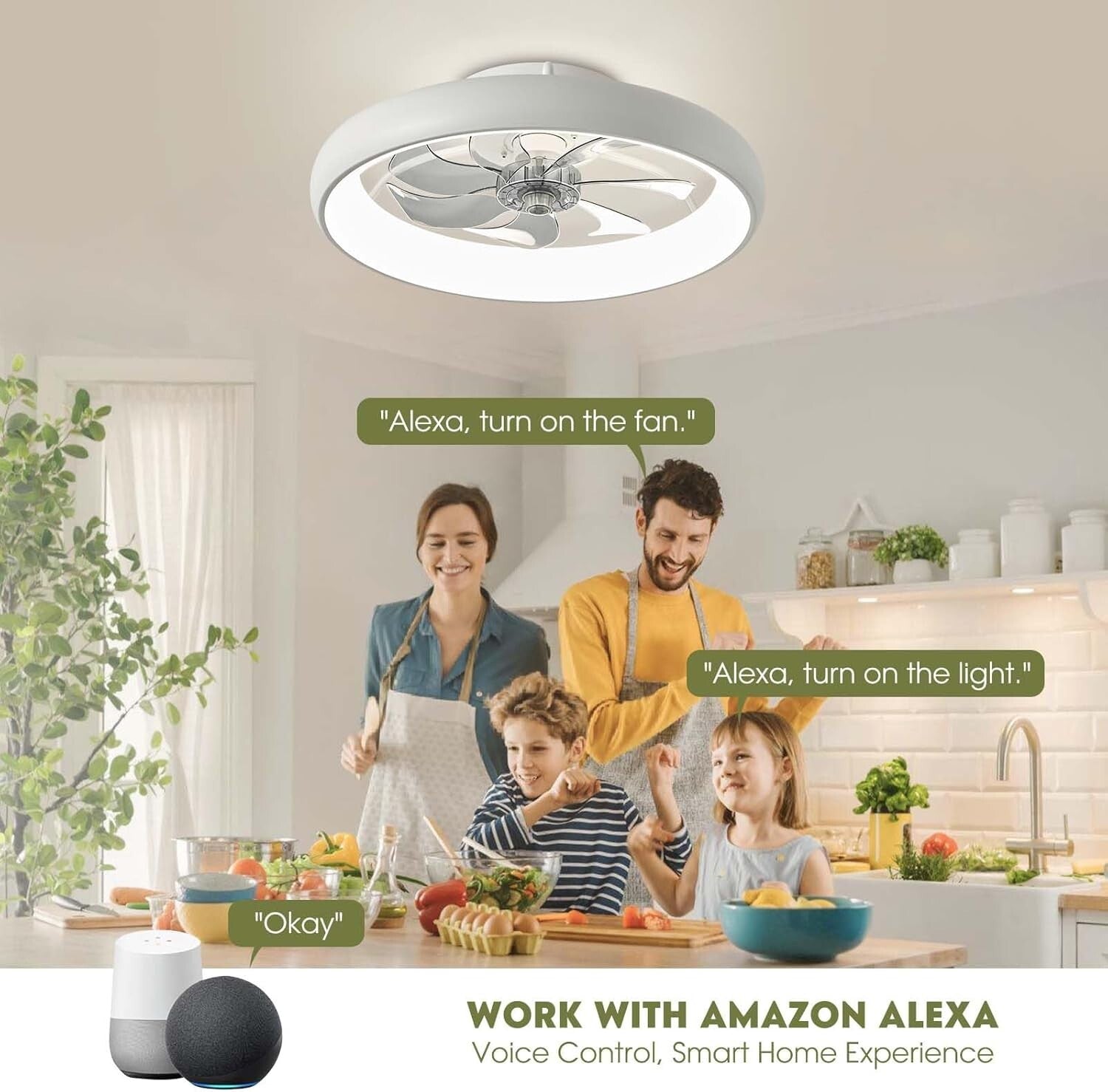 20" Modern Flush Mount Ceiling Fan with LED Lights - Voice Control & 6 Speeds