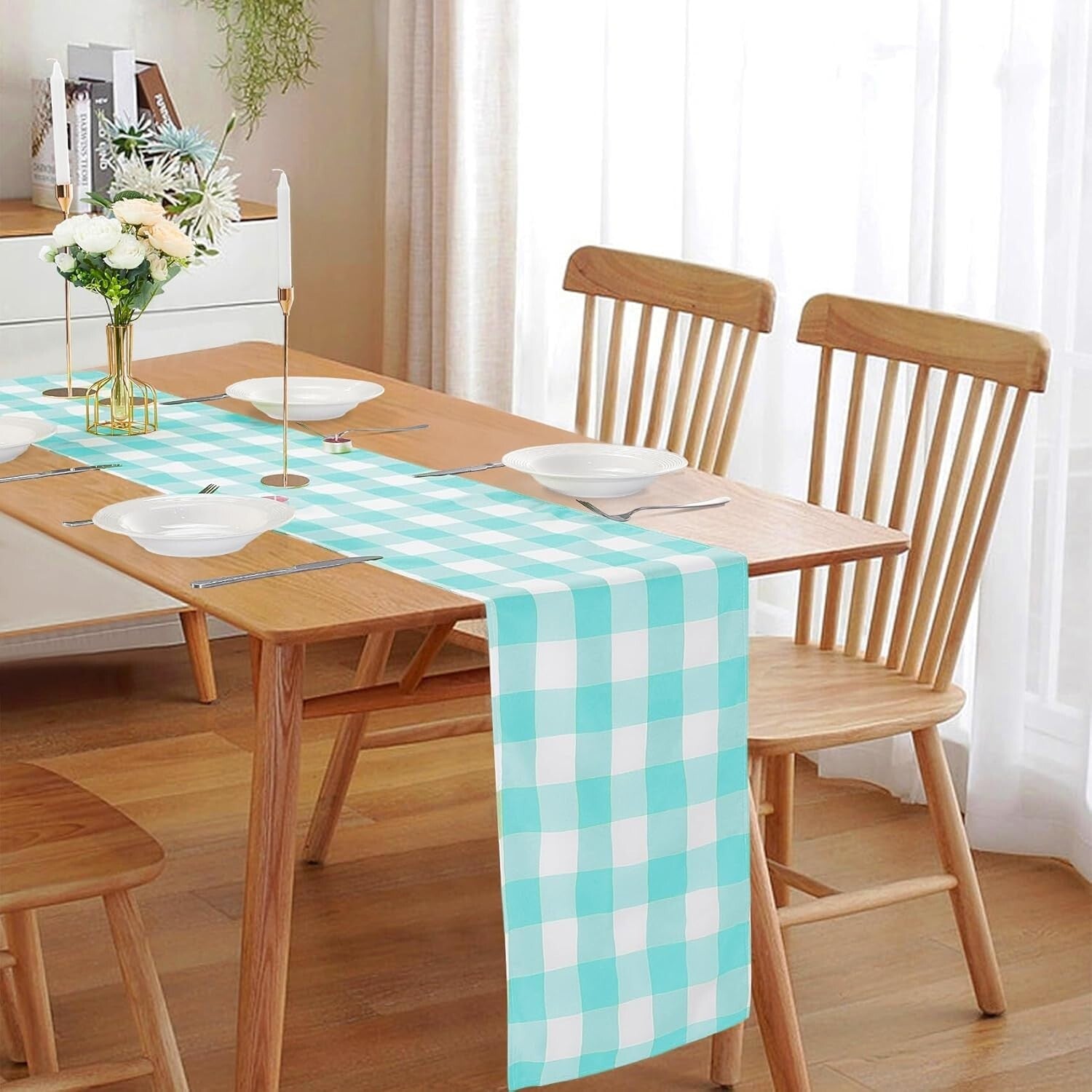 Versatile Aqua Checkered Table Runners - 12-Pack, Ideal for Dining & Weddings