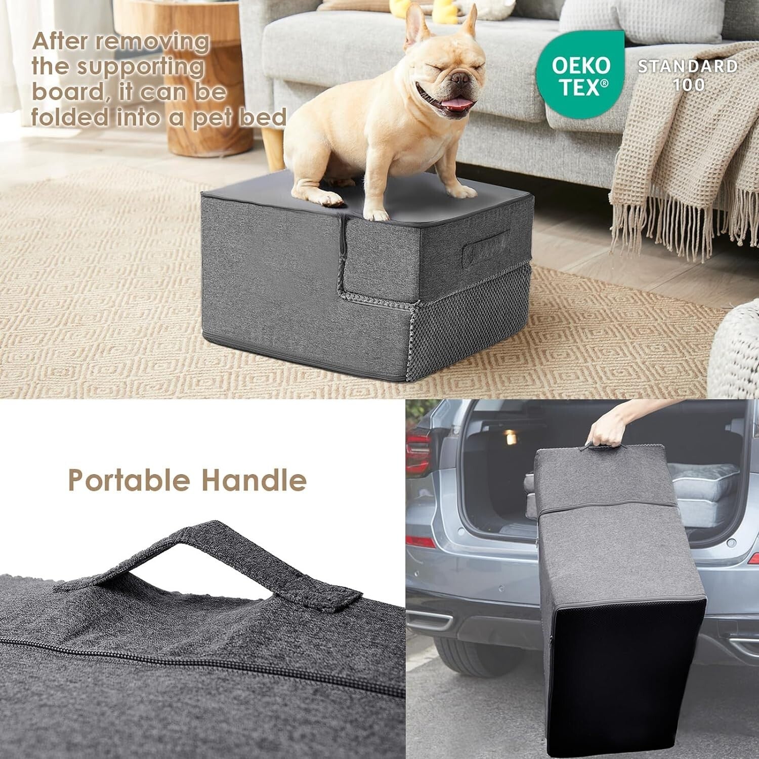 Foldable Dog Stairs Ramp for Small Pets - Non-Slip 3-Step Design in Grey