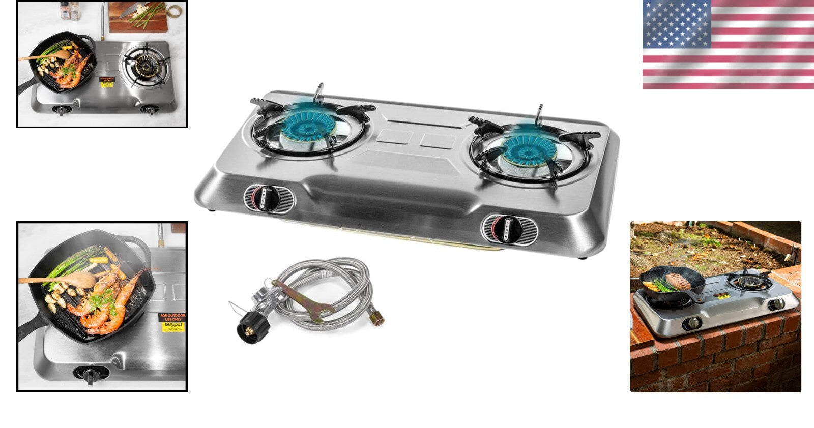 25,516 BTU Portable Double Burner Stove - Stainless Steel for Outdoor Cooking