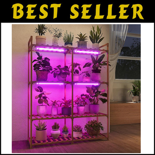 Durable Carbonized Wood Plant Rack with Integrated Grow Light - 16 Pot Capacity