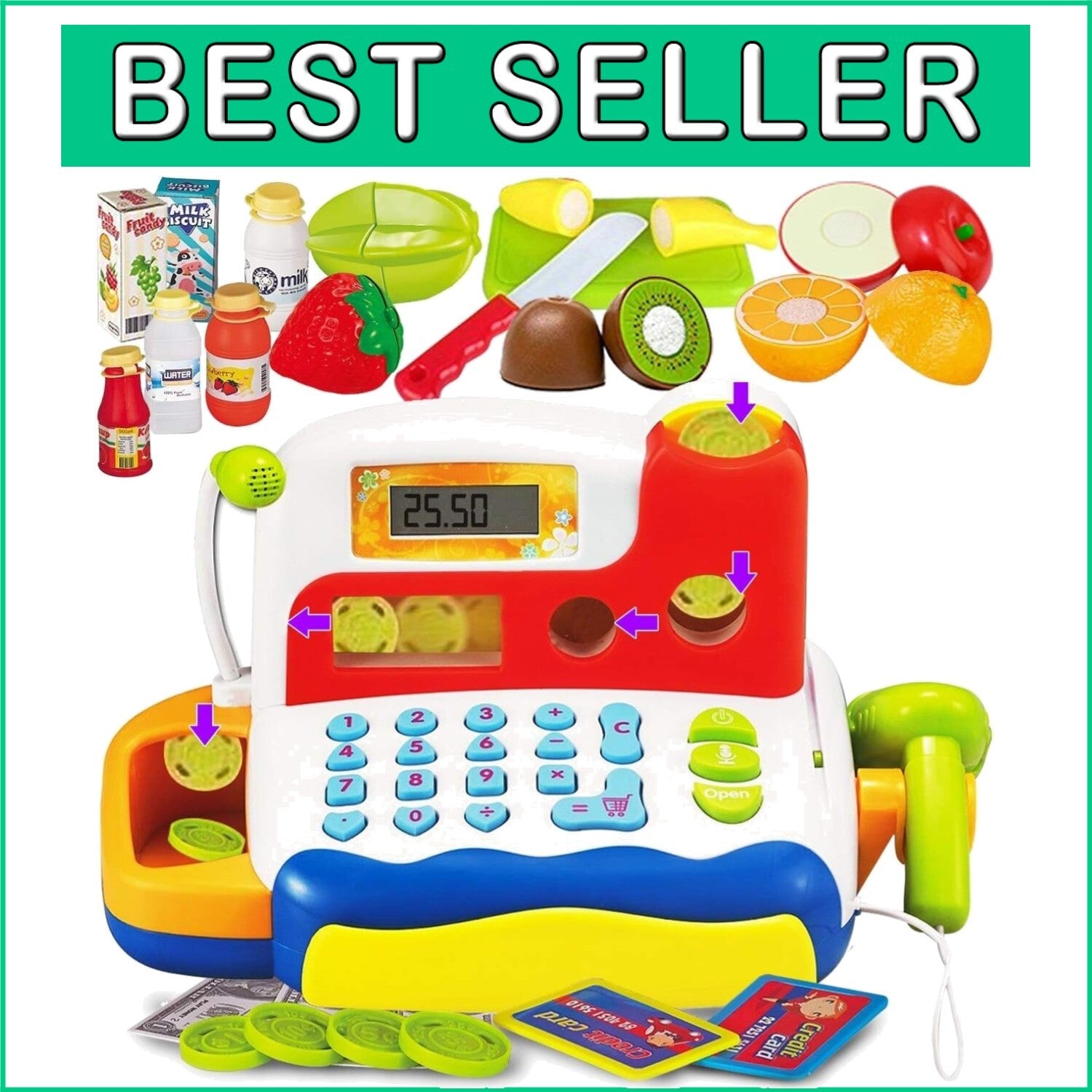 Engaging Toy Cash Register with Sound, Play Money & Grocery Items for Kids
